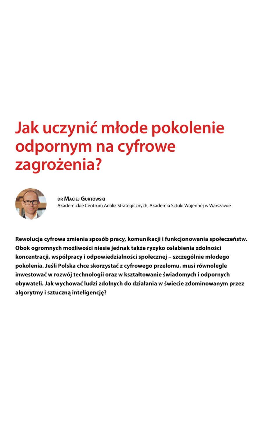 Maciej Gurtowski o budowaniu odporności młodych w „Pomorskim Thinkletterze” nr 2(25)/2026